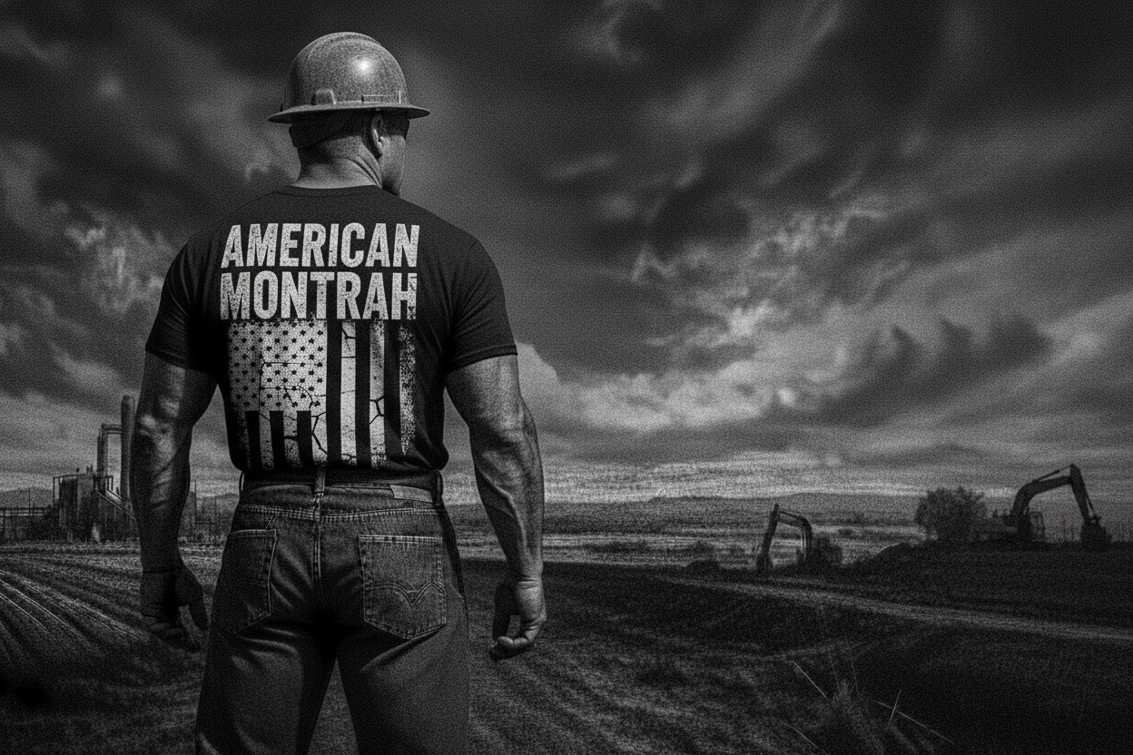 black and white American landscape with strong blue collar worker